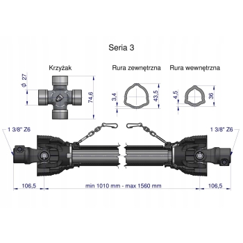 Wał wałek WOM 1010-1560mm 460Nm 50270 CE 2020 seria 3R ROYAL FARM, R3B1B11010