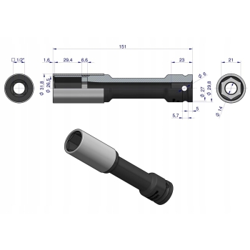 Nasadka udarowa 1/2 21mm długa 150mm z osłoną do felg aluminiowych WARYŃSKI